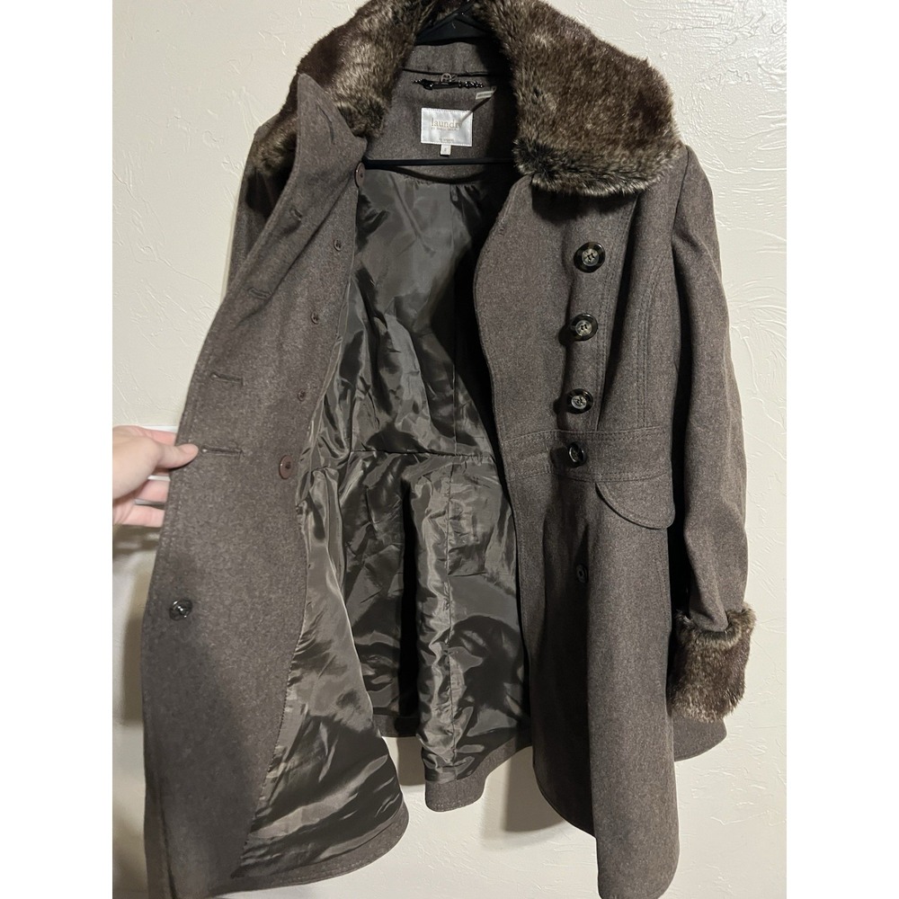 Laundry by Shelli Segal Brown Wool Blend Fit & Flare Pea Coat Faux Fur luxury 6 - Picture 9 of 9
